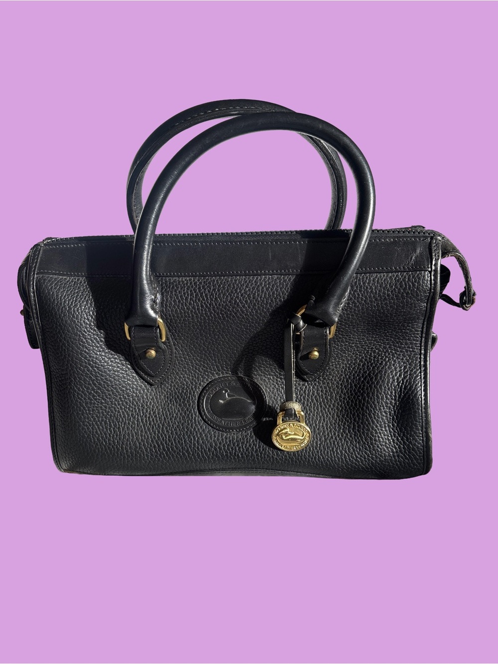 Vintage Dooney & Bourke Black Leather Satchel Brass Duck Charm
